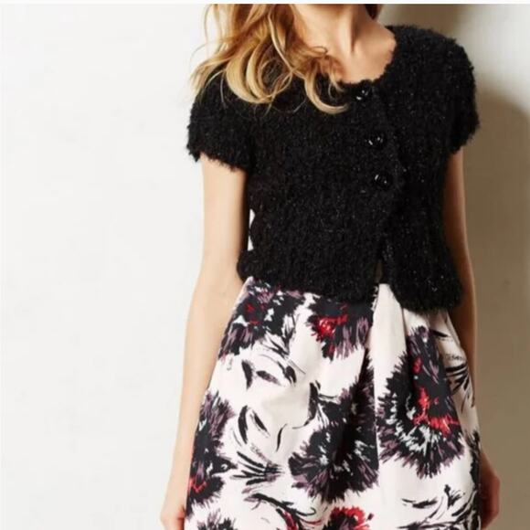 Anthropologie Knitted & Knotted Fuzzy Black Wool Sparkly Cardigan Sweater Medium - Picture 1 of 4